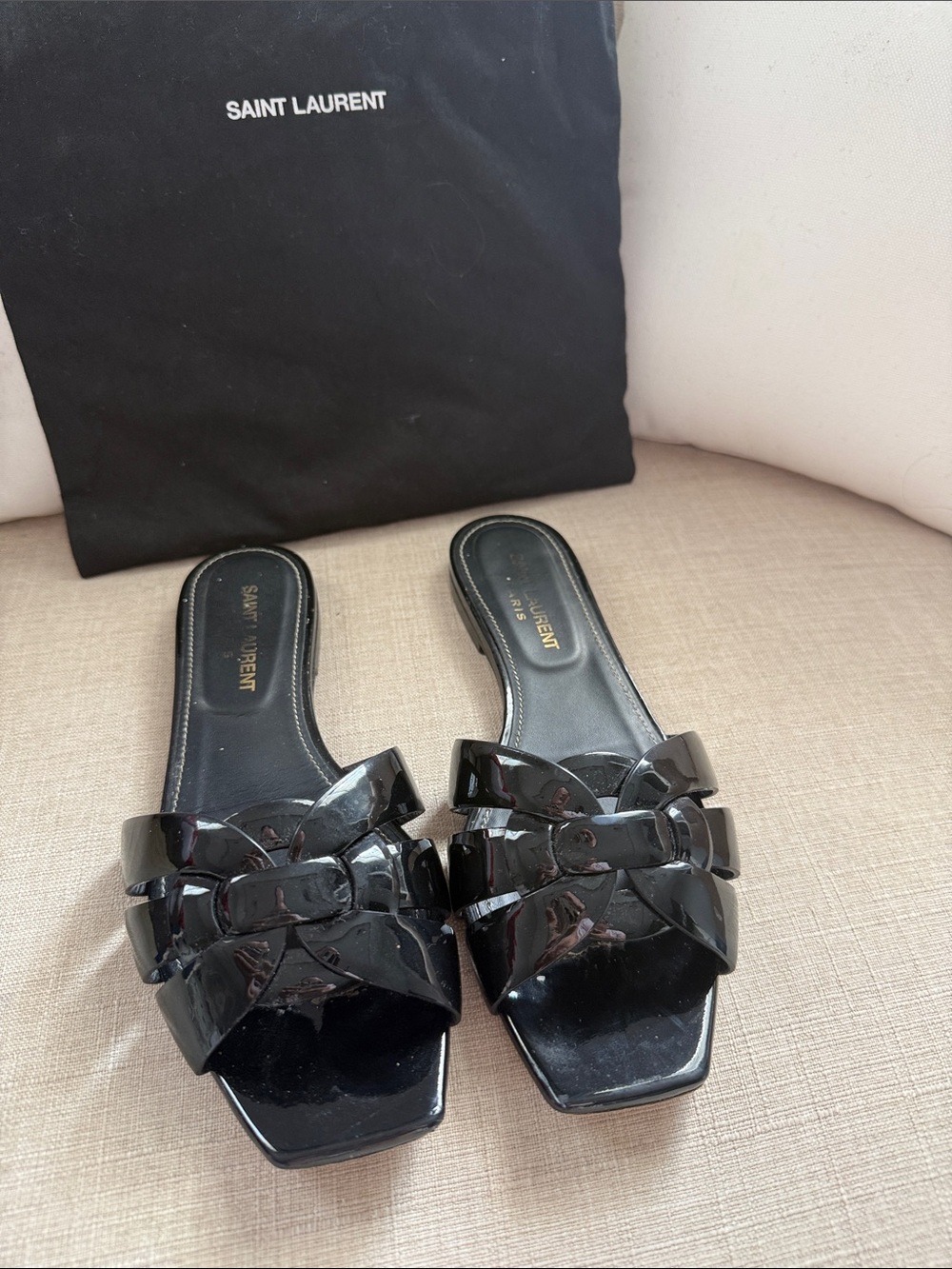 Saint Laurent Black Tribute Mules in Patent Leather